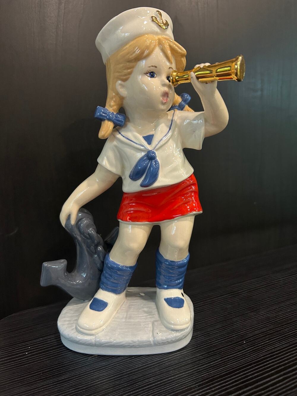 Vintage Handmade Ceramic Sailor Girl Figurine Telescope Anchor Nautical 10"